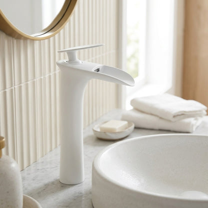Lagomel single-hole waterfall vessel sink faucet, set in a Modern/Contemporary bathroom
