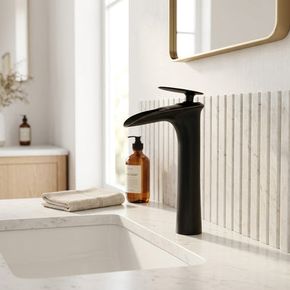 Lagomel single-hole waterfall vessel sink faucet, set in a Modern/Contemporary bathroom
