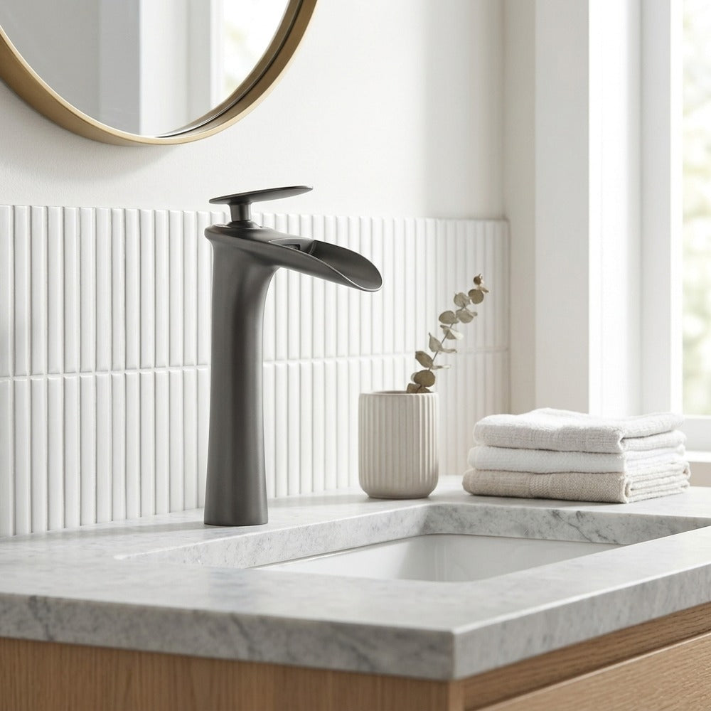 Lagomel single-hole waterfall vessel sink faucet, set in a Modern/Contemporary bathroom