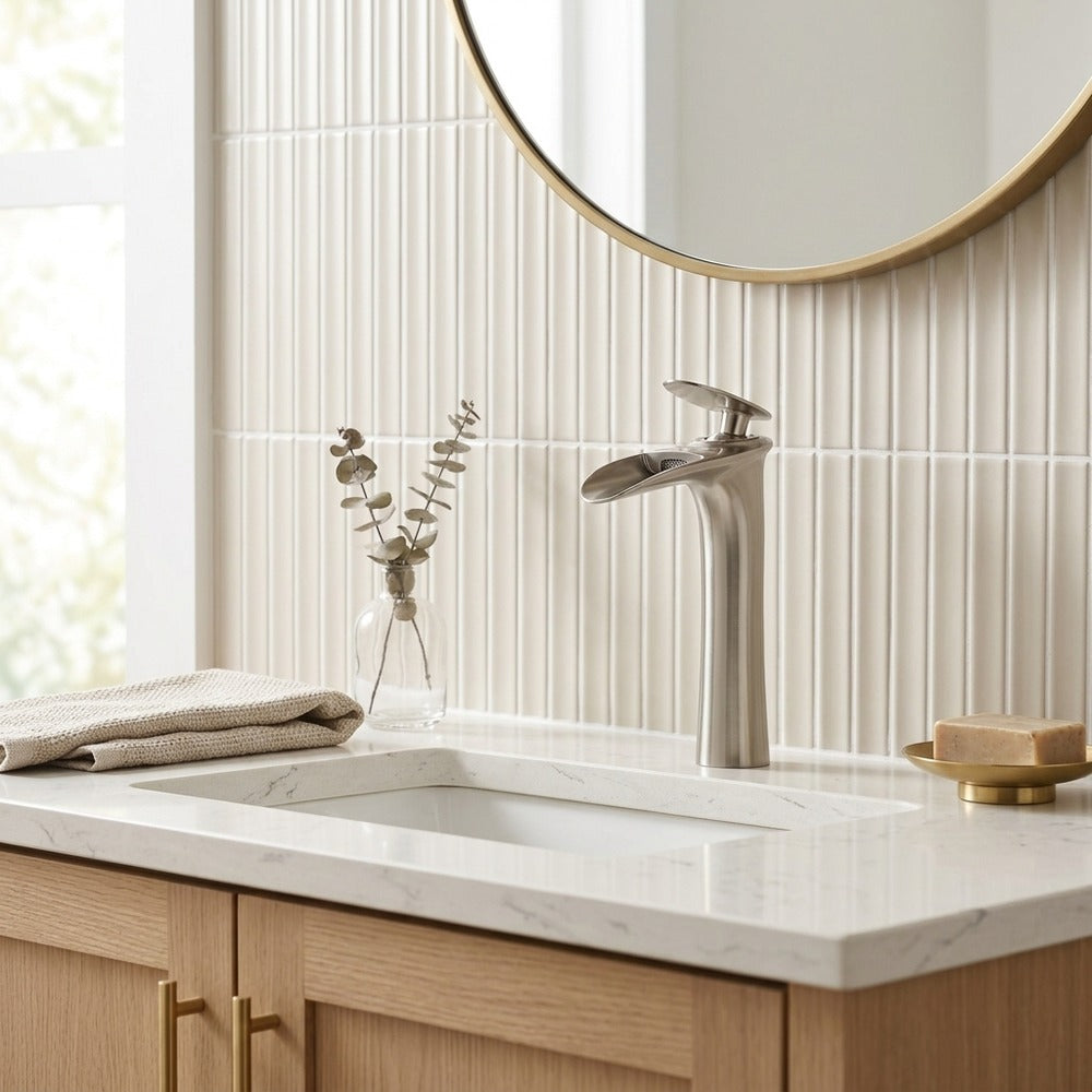 Lagomel single-hole waterfall vessel sink faucet, set in a Modern/Contemporary bathroom