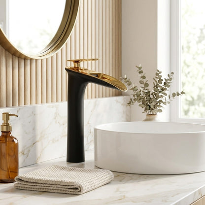 Lagomel single-hole waterfall vessel sink faucet, set in a Modern/Contemporary bathroom