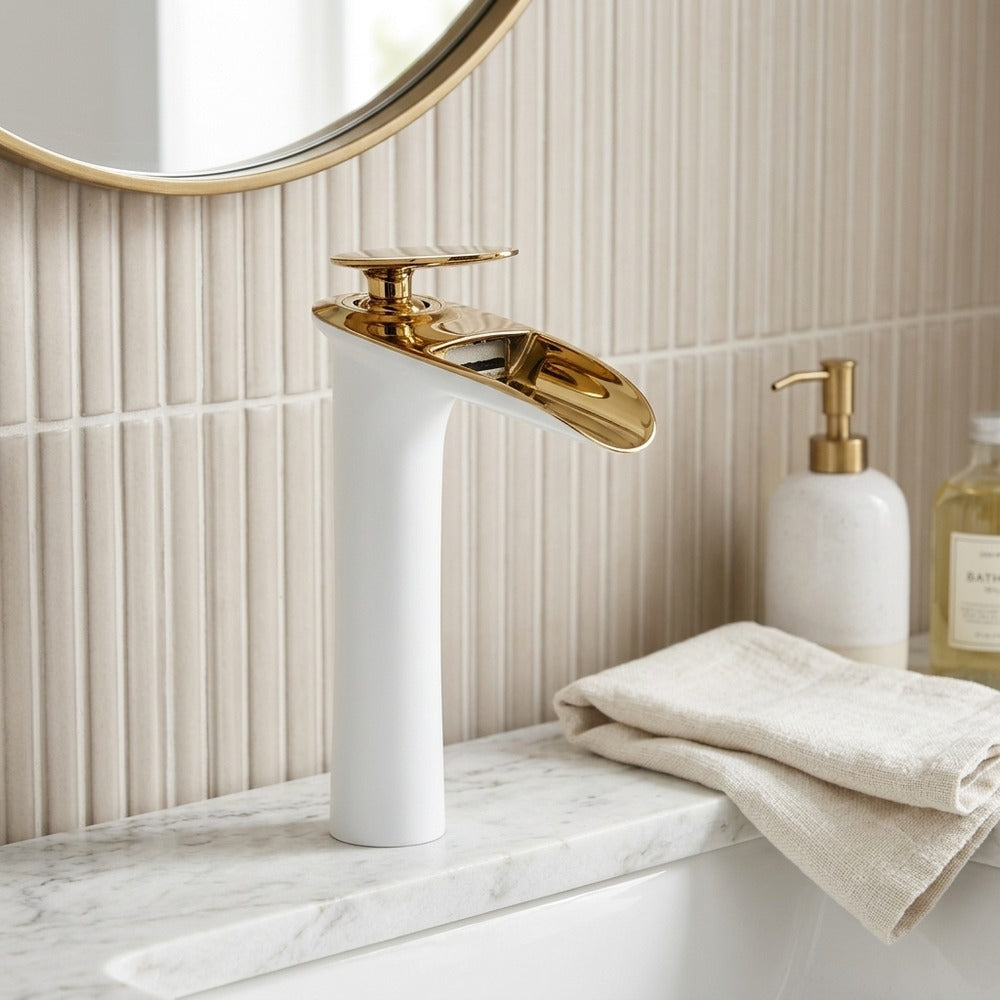 Lagomel single-hole waterfall vessel sink faucet, set in a Modern/Contemporary bathroom