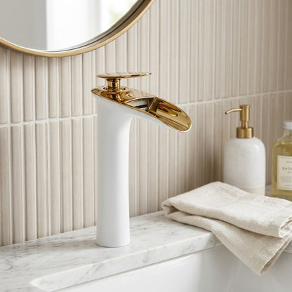 Lagomel single-hole waterfall vessel sink faucet, set in a Modern/Contemporary bathroom
