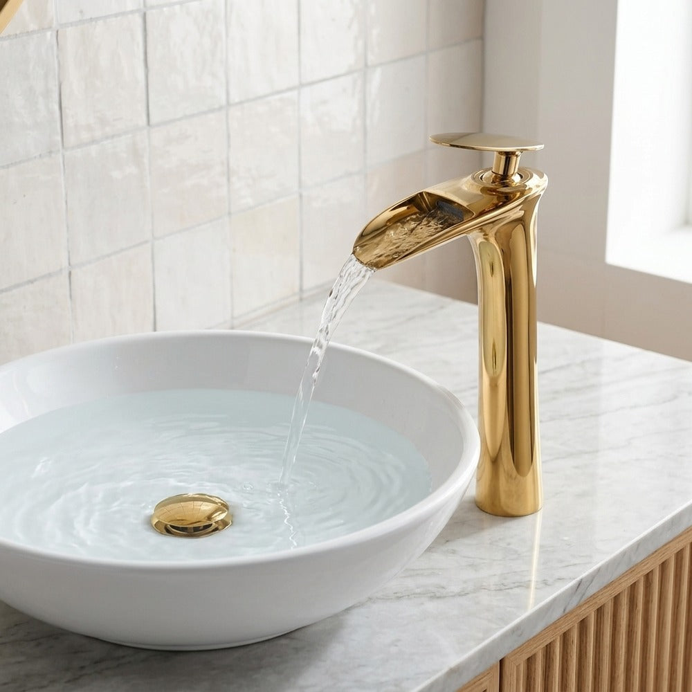 Lagomel single-hole waterfall vessel sink faucet, set in a Modern/Contemporary bathroom
