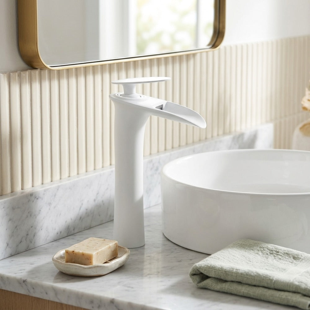 Lagomel single-hole waterfall vessel sink faucet, set in a Modern/Contemporary bathroom