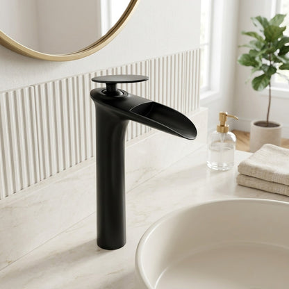 Lagomel single-hole waterfall vessel sink faucet, set in a Modern/Contemporary bathroom