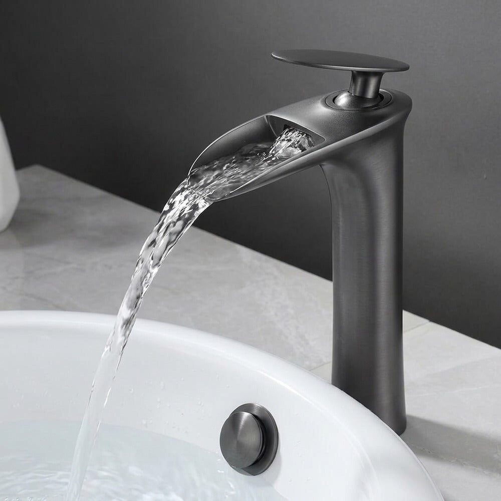Lagomel single-hole waterfall vessel sink faucet, set in a Modern/Contemporary bathroom