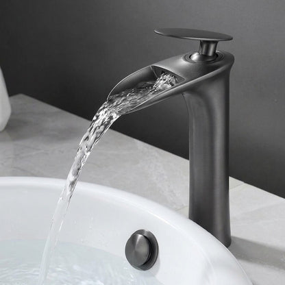 Lagomel single-hole waterfall vessel sink faucet, set in a Modern/Contemporary bathroom