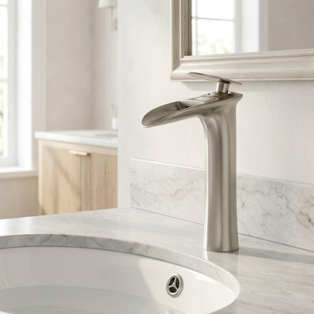 Lagomel single-hole waterfall vessel sink faucet, set in a Modern/Contemporary bathroom
