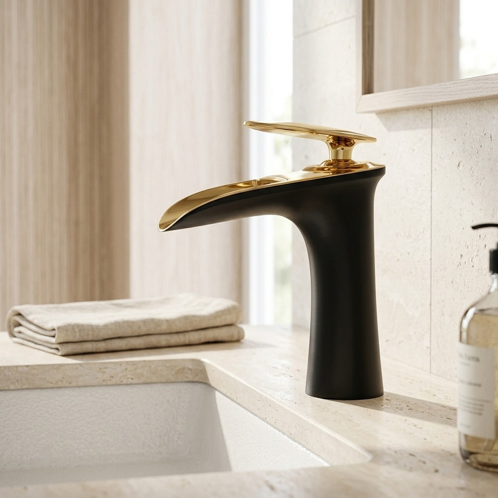 Lagomel single-hole waterfall faucet and drain set in matte black, polished gold, brushed nickel, gunmetal, matte, set in a Modern/Minimalist bathroom