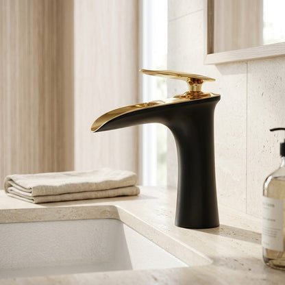 Lagomel single-hole waterfall faucet and drain set in matte black, polished gold, brushed nickel, gunmetal, matte, set in a Modern/Minimalist bathroom