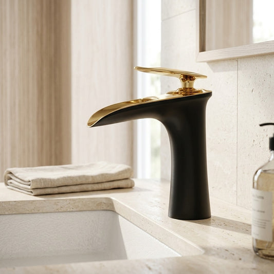 Lagomel single-hole waterfall faucet and drain set in matte black, polished gold, brushed nickel, gunmetal, matte, set in a Modern/Minimalist bathroom