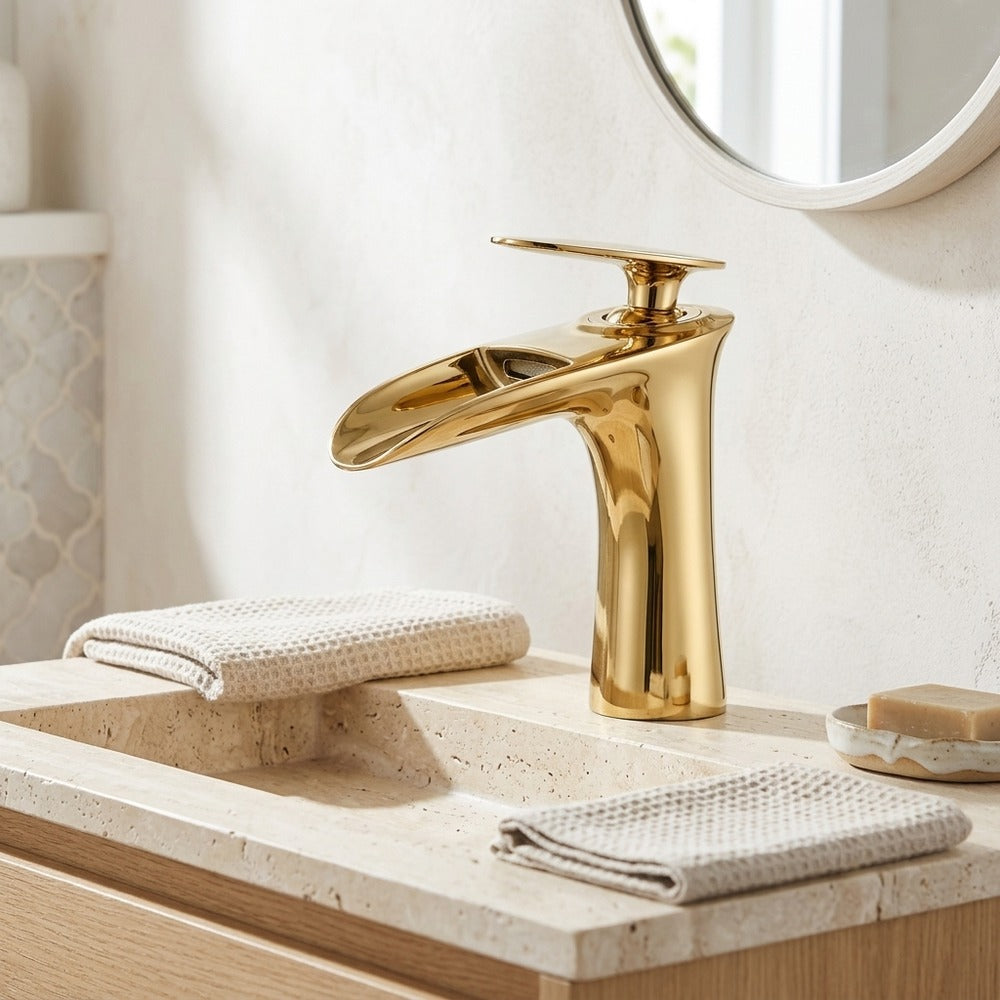Lagomel single-hole waterfall faucet and drain set, set in a Modern/Contemporary bathroom