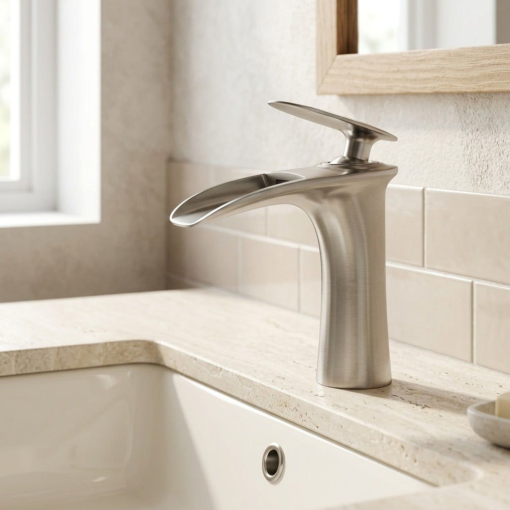 Lagomel single-hole waterfall faucet and drain set, set in a Modern/Contemporary bathroom