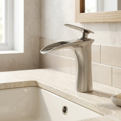 Lagomel single-hole waterfall faucet and drain set, set in a Modern/Contemporary bathroom