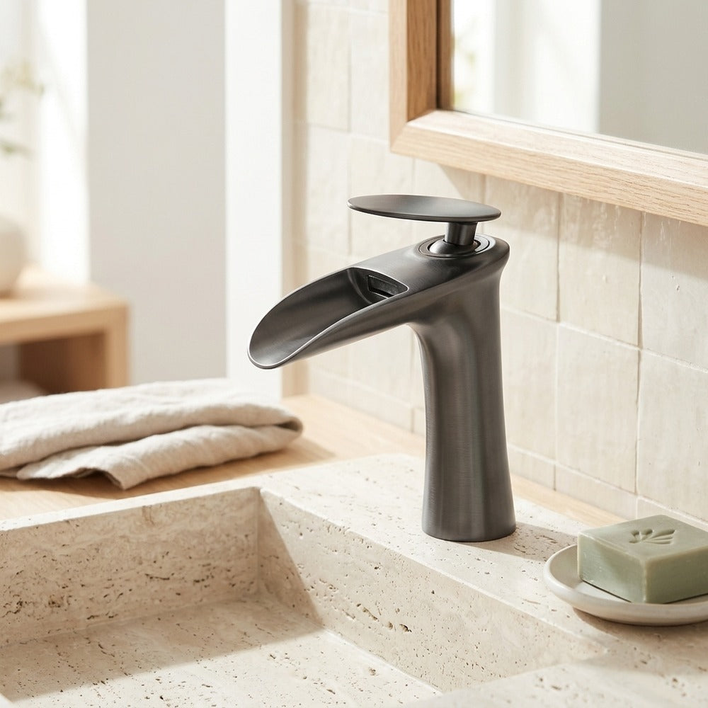Lagomel single-hole waterfall faucet and drain set, set in a Modern/Contemporary bathroom