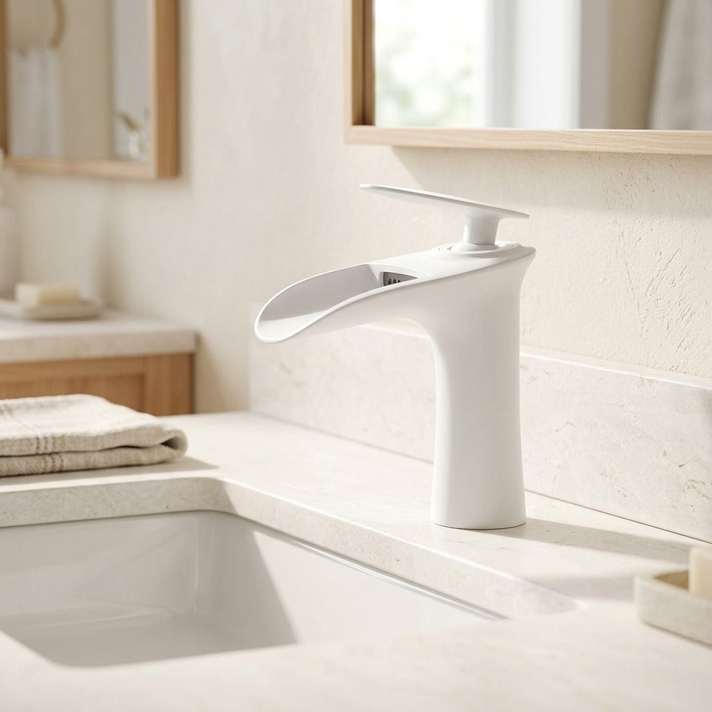 Lagomel single-hole waterfall faucet and drain set, set in a Modern/Contemporary bathroom