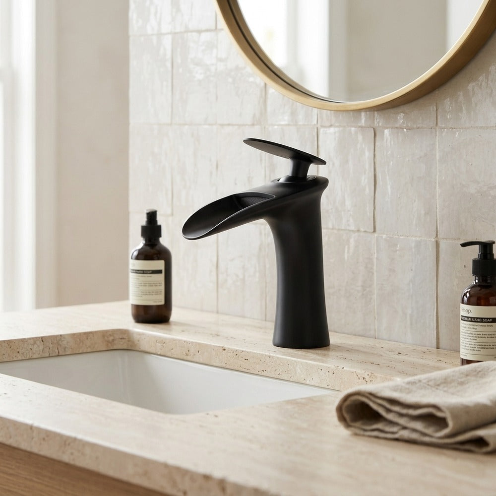 Lagomel single-hole waterfall faucet and drain set, set in a Modern/Contemporary bathroom
