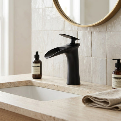 Lagomel single-hole waterfall faucet and drain set, set in a Modern/Contemporary bathroom
