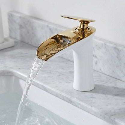 Lagomel single-hole waterfall faucet and drain set, set in a Modern/Contemporary bathroom