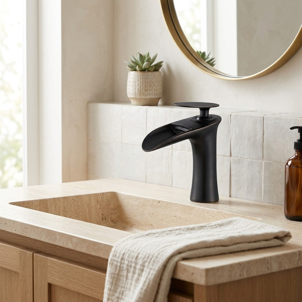 Lagomel single-hole waterfall faucet and drain set, set in a Modern/Contemporary bathroom