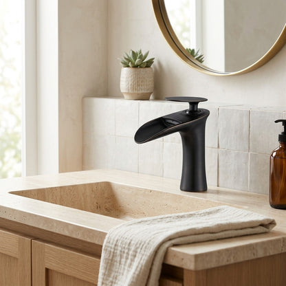 Lagomel single-hole waterfall faucet and drain set, set in a Modern/Contemporary bathroom
