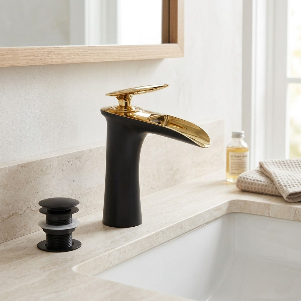 Lagomel single-hole waterfall faucet and drain set, set in a Modern/Contemporary bathroom