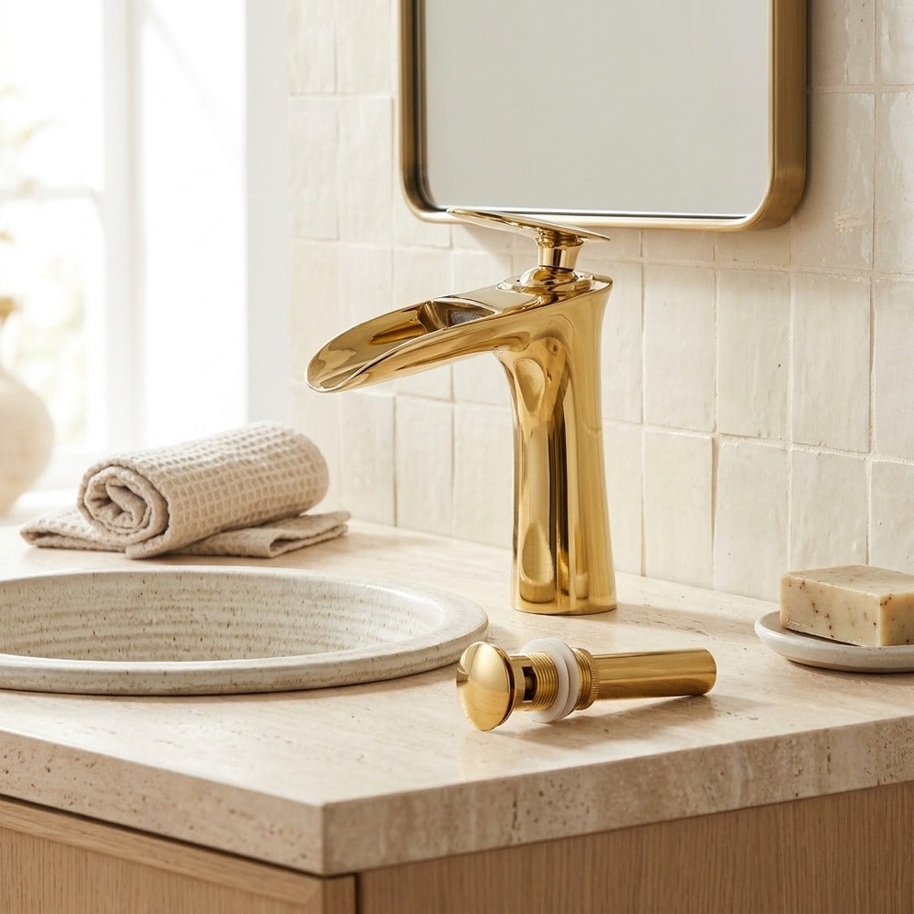 Lagomel single-hole waterfall faucet and drain set, set in a Modern/Contemporary bathroom
