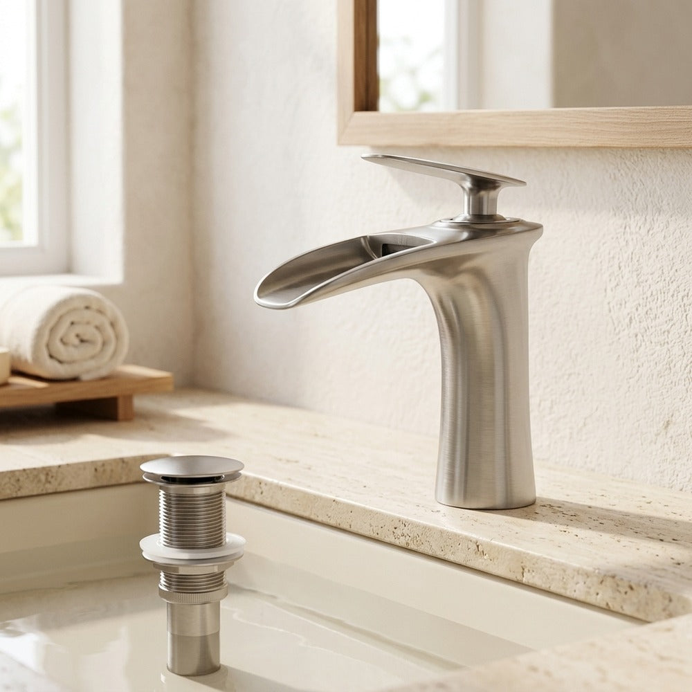 Lagomel single-hole waterfall faucet and drain set, set in a Modern/Contemporary bathroom