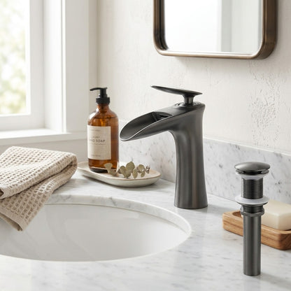 Lagomel single-hole waterfall faucet and drain set, set in a Modern/Contemporary bathroom