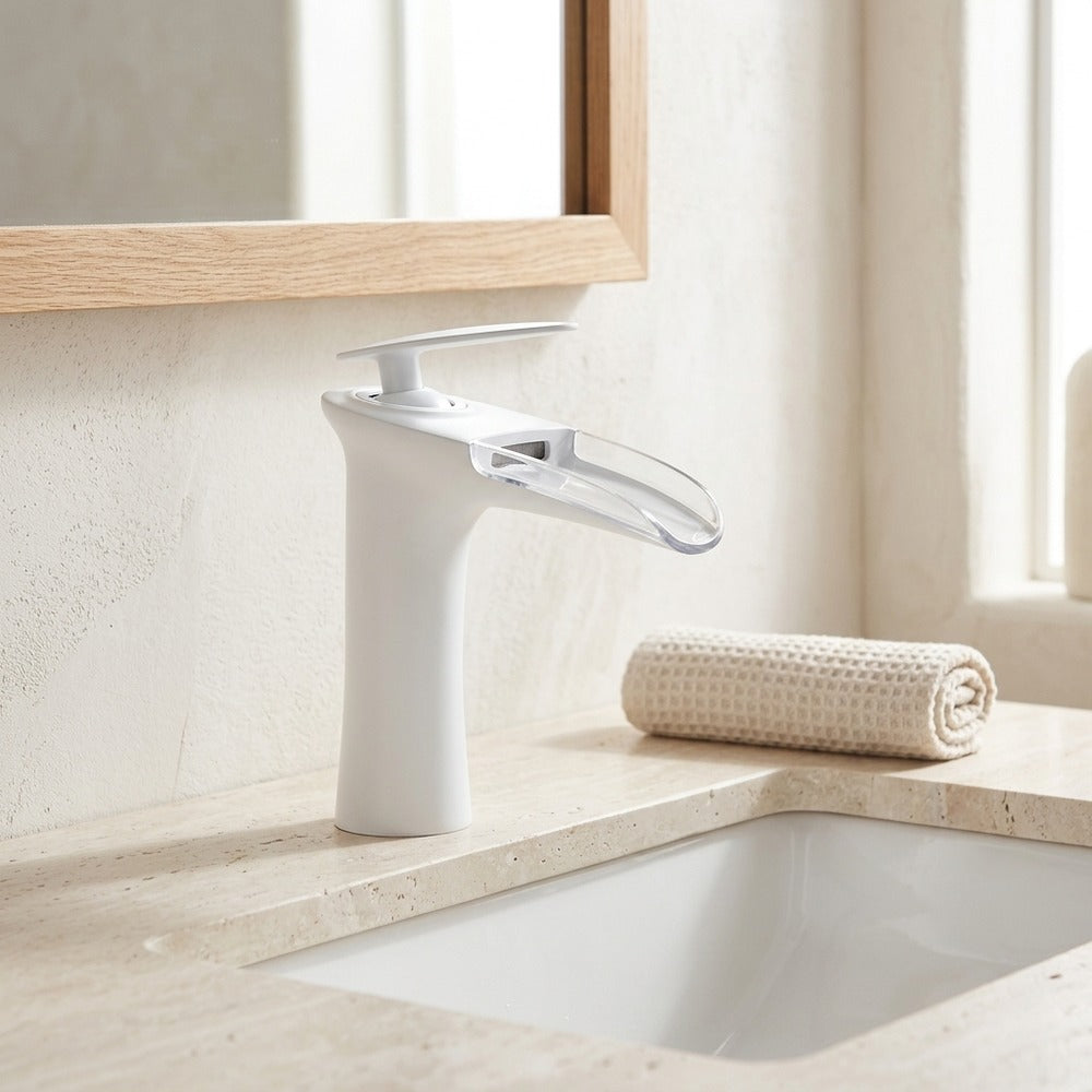 Lagomel single-hole waterfall faucet and drain set, set in a Modern/Contemporary bathroom