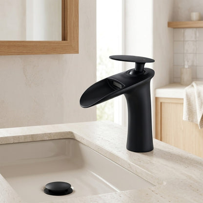 Lagomel single-hole waterfall faucet and drain set, set in a Modern/Contemporary bathroom