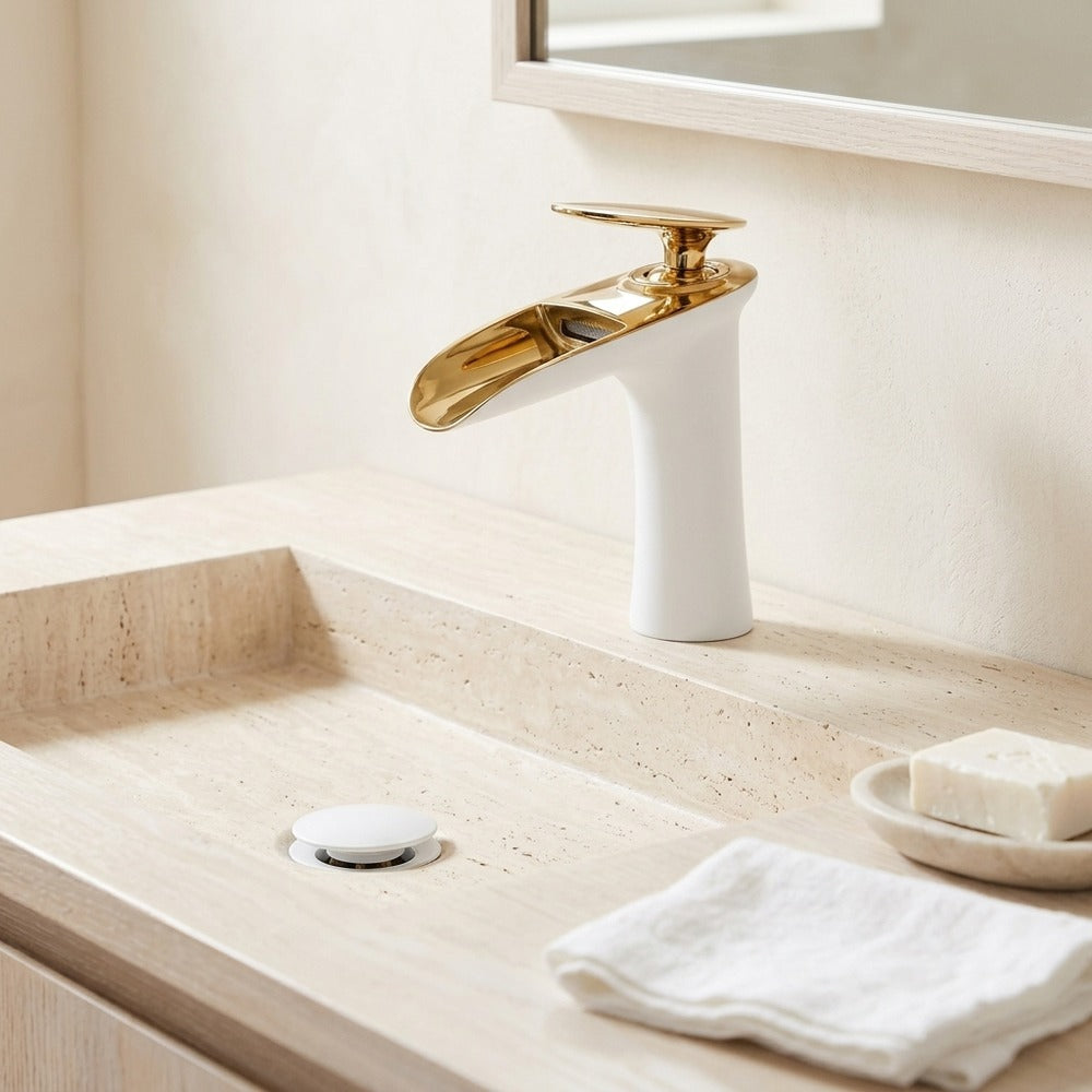 Lagomel single-hole waterfall faucet and drain set, set in a Modern/Contemporary bathroom