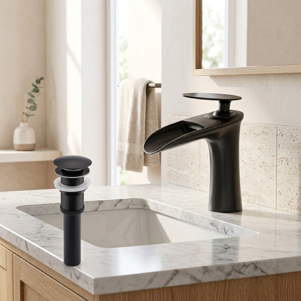 Lagomel single-hole waterfall faucet and drain set, set in a Modern/Contemporary bathroom