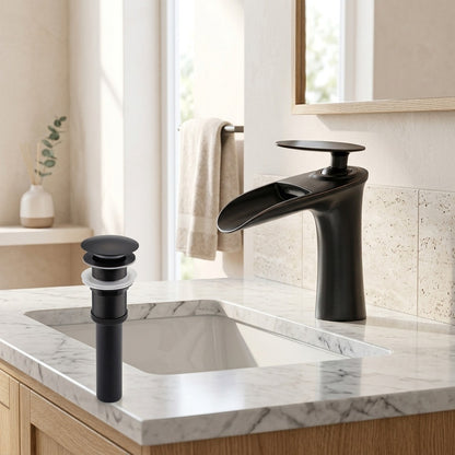 Lagomel single-hole waterfall faucet and drain set, set in a Modern/Contemporary bathroom