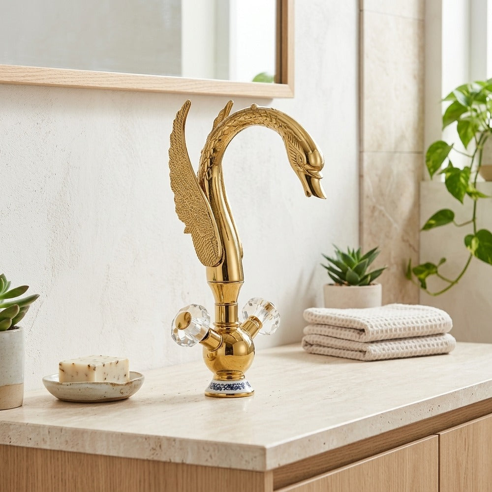 Lagomel waterfall single-hole bathroom faucet in chrome, polished gold, set in a Modern/Contemporary bathroom
