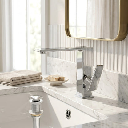 Lagomel single-hole waterfall faucet and drain set in chrome, matte black, gunmetal, set in a Modern/Contemporary bathroom