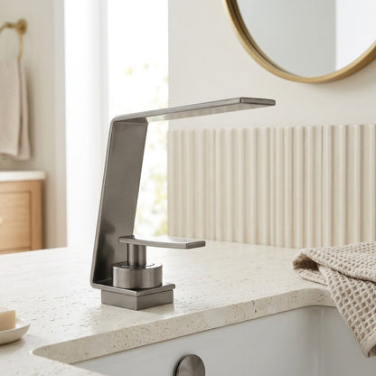 Lagomel single-hole waterfall faucet and drain set, set in a Modern/Contemporary bathroom