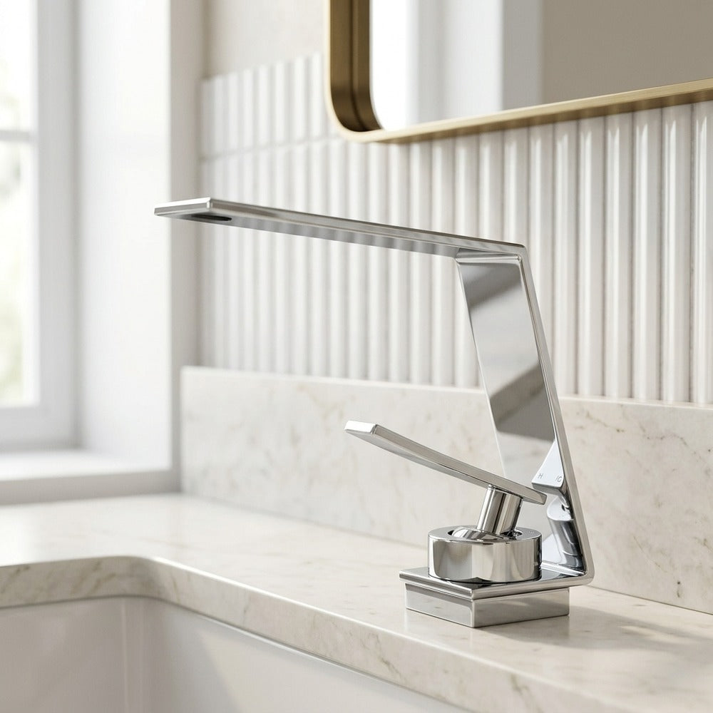 Lagomel single-hole waterfall faucet and drain set, set in a Modern/Contemporary bathroom