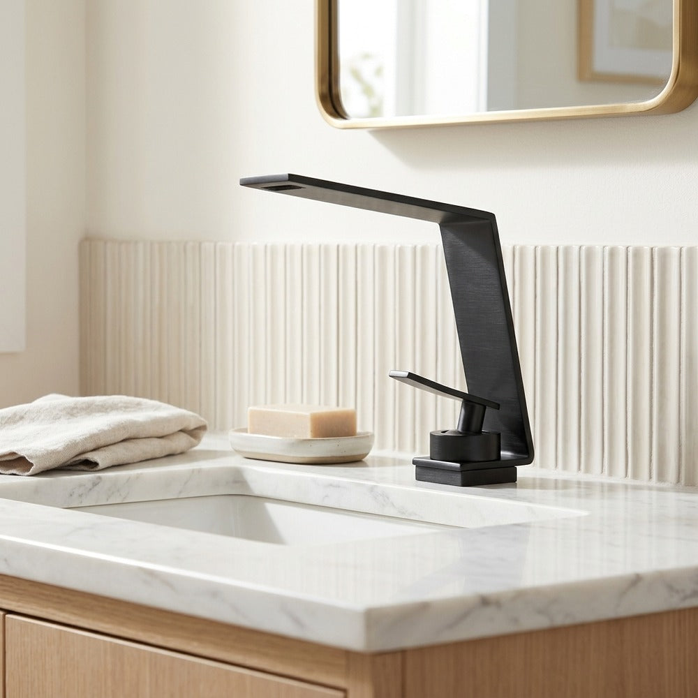 Lagomel single-hole waterfall faucet and drain set, set in a Modern/Contemporary bathroom