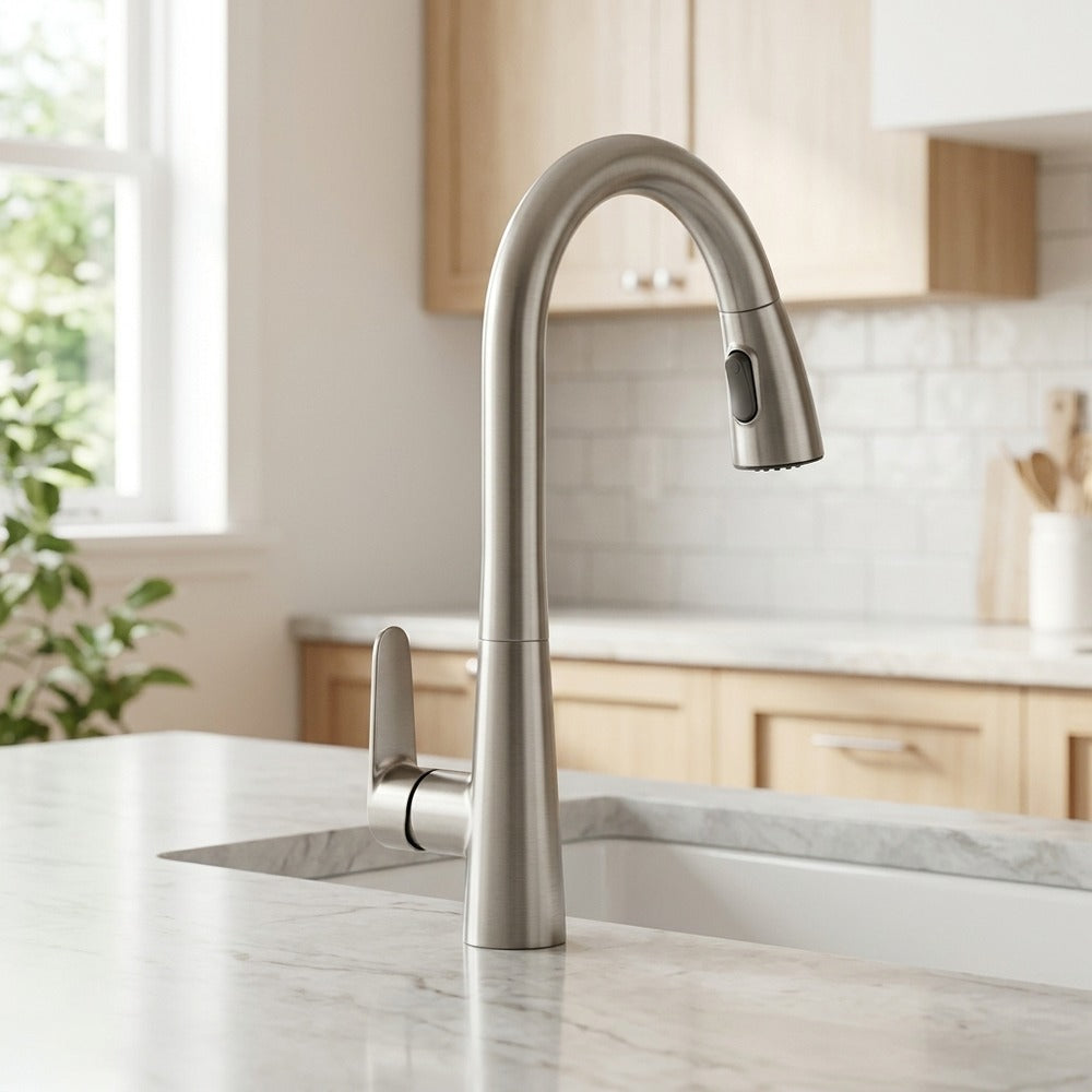 Lagomel pull-down single-handle faucet and drain set in gunmetal, matte black, chrome, set in a Modern/Contemporary kitchen