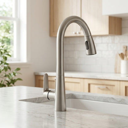 Lagomel pull-down single-handle faucet and drain set in gunmetal, matte black, chrome, set in a Modern/Contemporary kitchen
