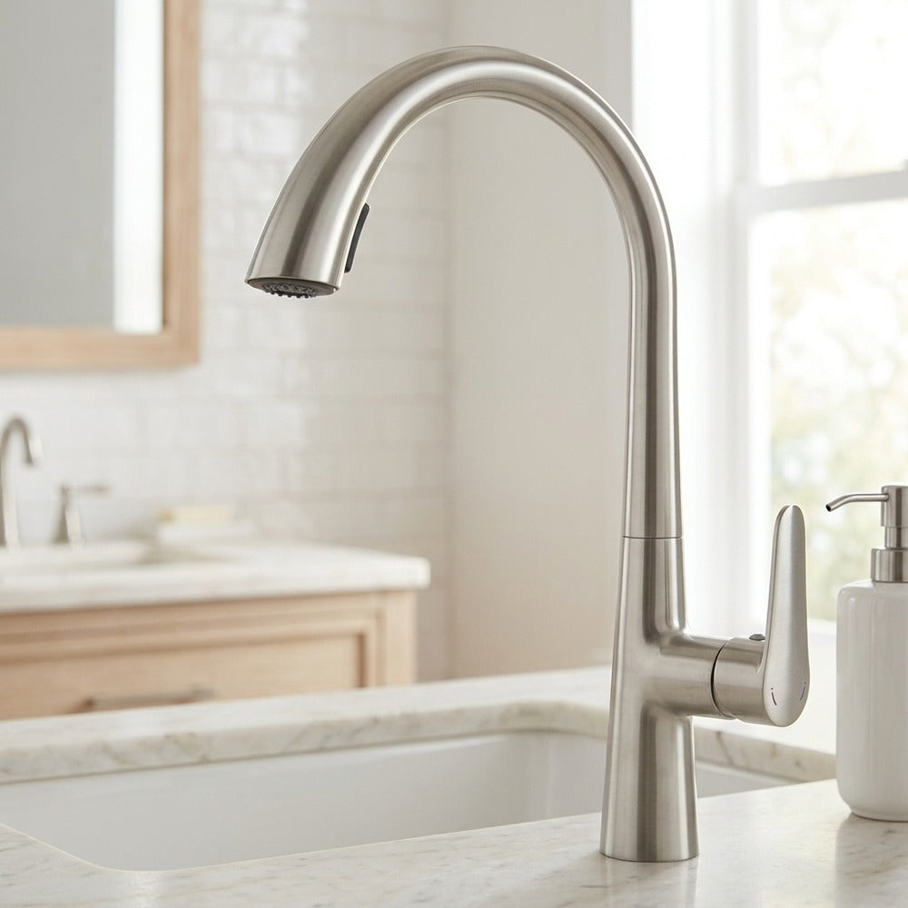 Lagomel pull-down single-handle faucet and drain set, set in a Modern/Contemporary kitchen