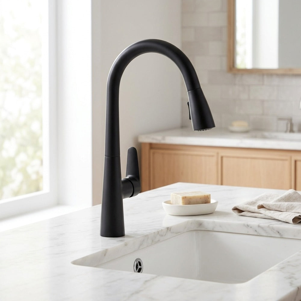 Lagomel pull-down single-handle faucet and drain set, set in a Modern/Contemporary kitchen