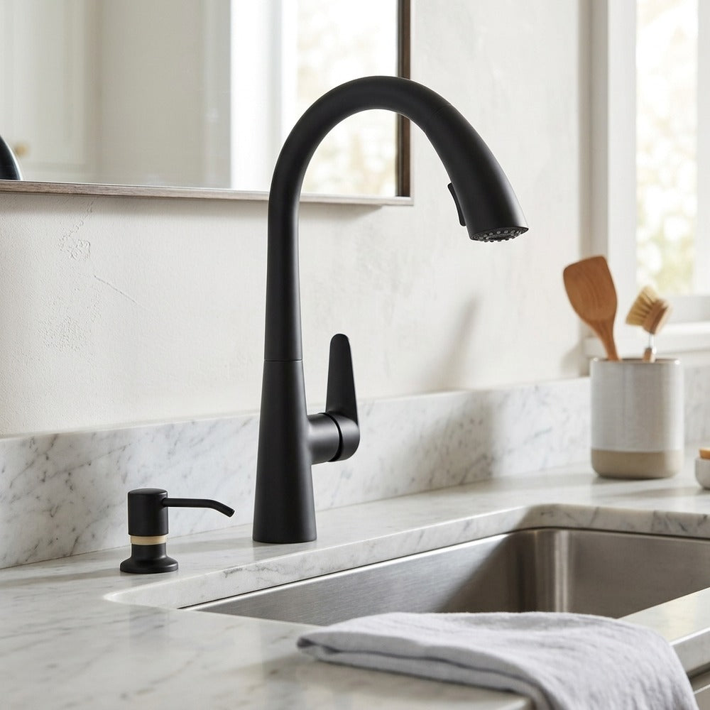 Lagomel pull-down single-handle faucet and drain set, set in a Modern/Contemporary kitchen