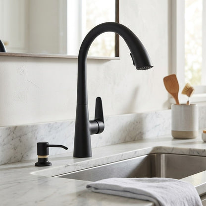 Lagomel pull-down single-handle faucet and drain set, set in a Modern/Contemporary kitchen