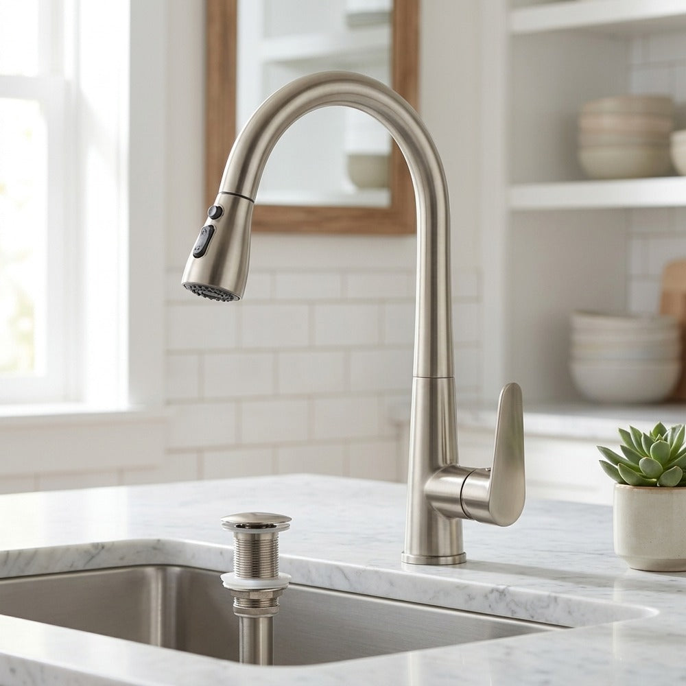 Lagomel pull-down single-handle faucet and drain set, set in a Modern/Contemporary kitchen