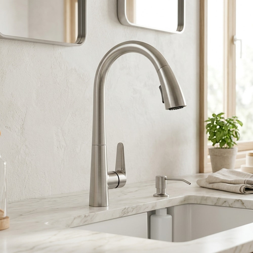 Lagomel pull-down single-handle faucet and drain set, set in a Modern/Contemporary kitchen