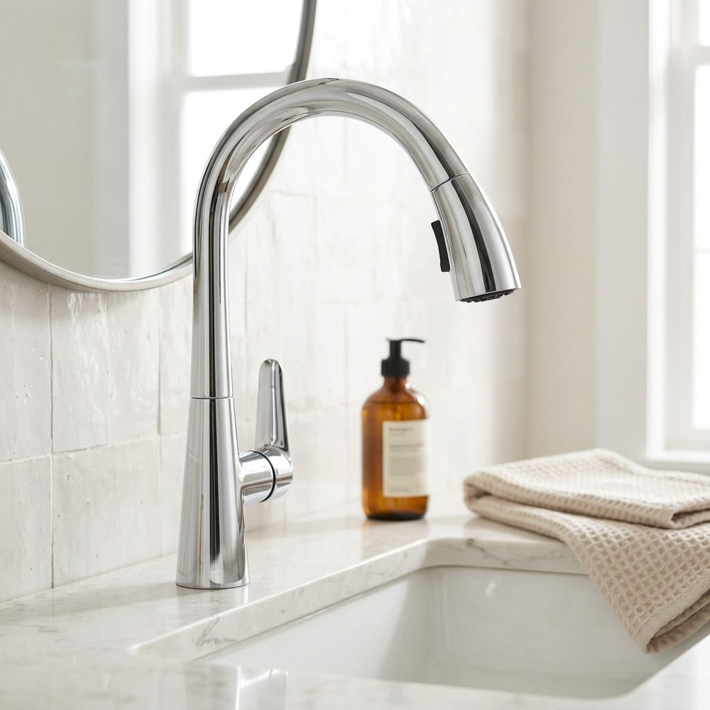 Lagomel pull-down single-handle faucet and drain set, set in a Modern/Contemporary kitchen