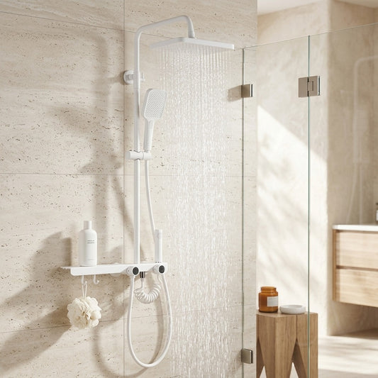 Lagomel wall-mounted waterfall tub and shower system in matte white, gunmetal, set in a Contemporary bathroom